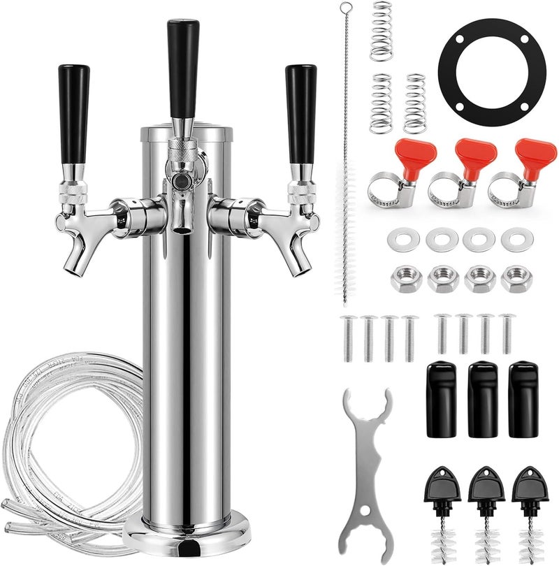 MRbrew Kegerator Tower Beer Tap Tower Dispenser 3 Faucet Beer Tower Draft Beer Dispenser Stainless Steel Keg Tap Tower 3'' Keg Tower Pre-assembled Line Beer Faucet Dispenser Kit For Home, Bar,Party - Image 1